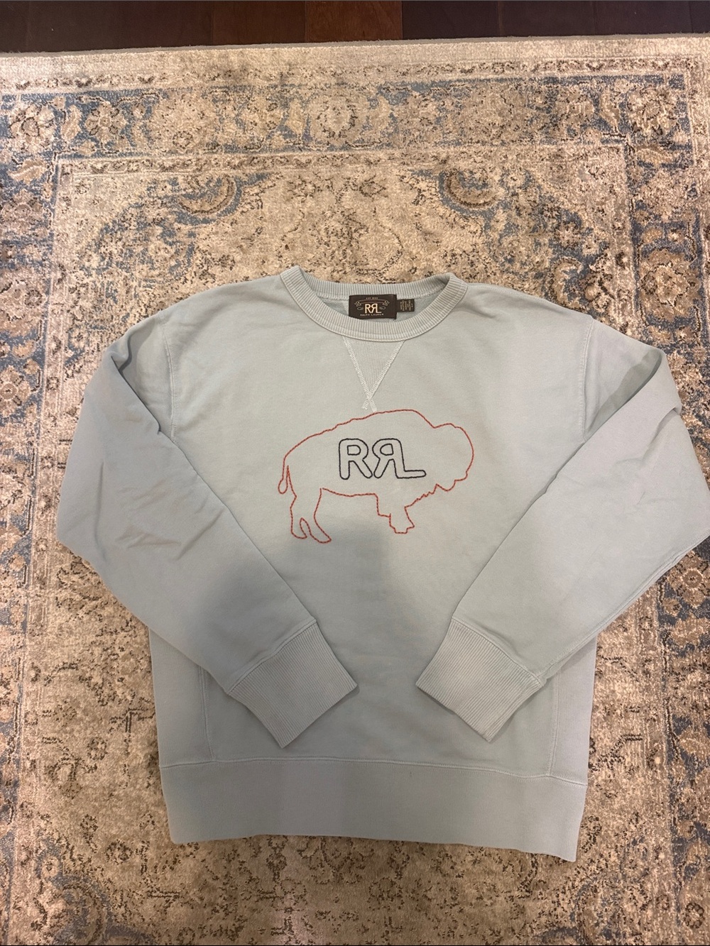 Ralph Lauren Double RL Light Blue Crewneck with Red Buffalo Outline